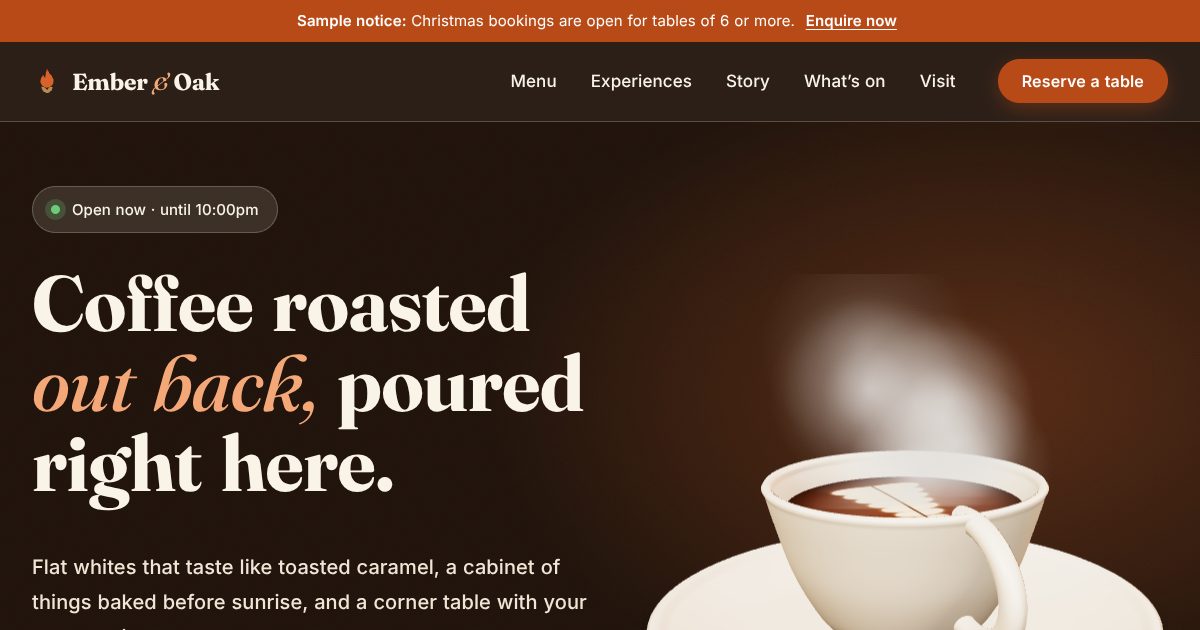 Ember and Oak Coffee, version 1: a warm brown and orange single-page café site with a 3D coffee cup