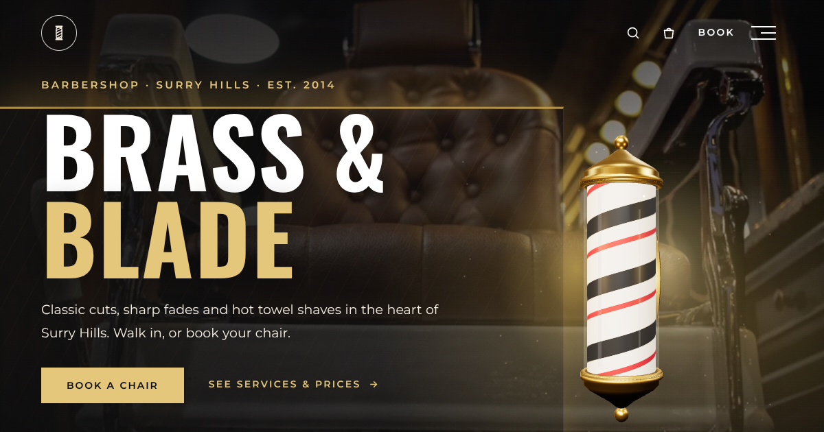 Brass and Blade Barbershop: bold white and gold lettering beside a spinning black and white barber pole over a leather barber chair