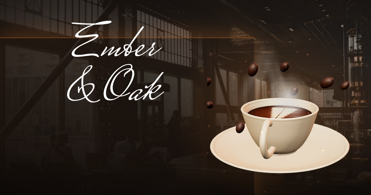 Ember and Oak Coffee, version 2: a handwritten logo on a burgundy panel beside a steaming coffee cup