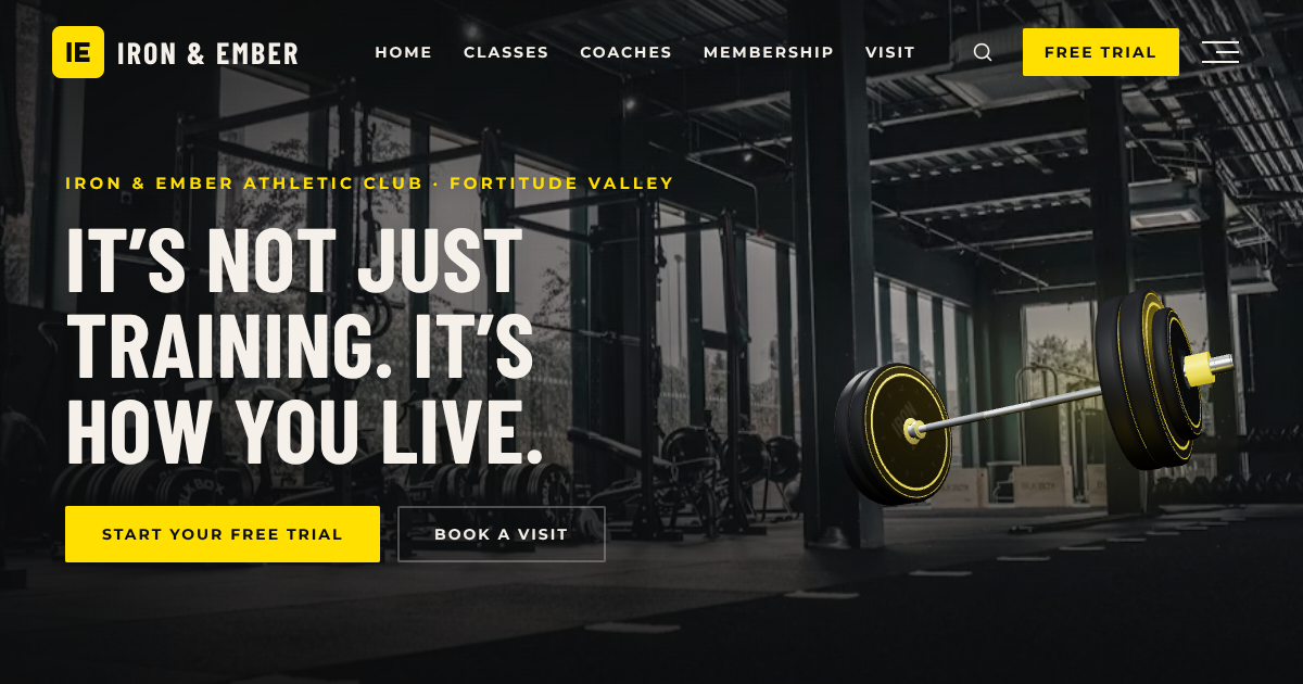 Iron and Ember Athletic Club: a bold headline beside a spinning 3D barbell on a near-black hero with yellow buttons