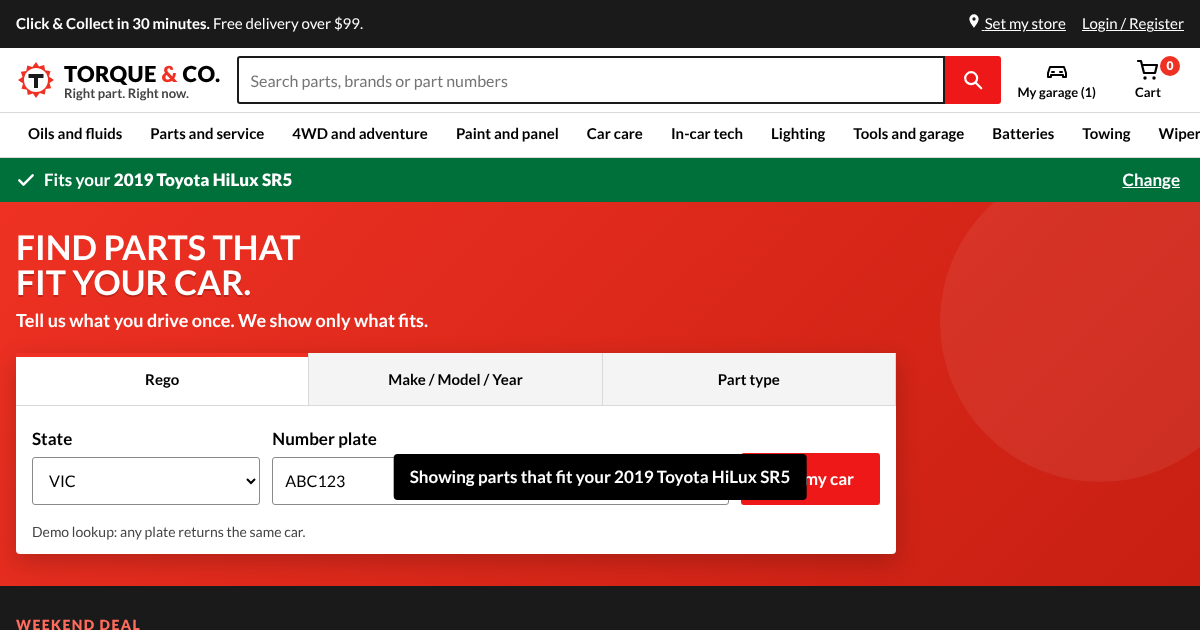 Torque and Co., an unofficial concept redesign of an auto parts home page with a red car finder hero
