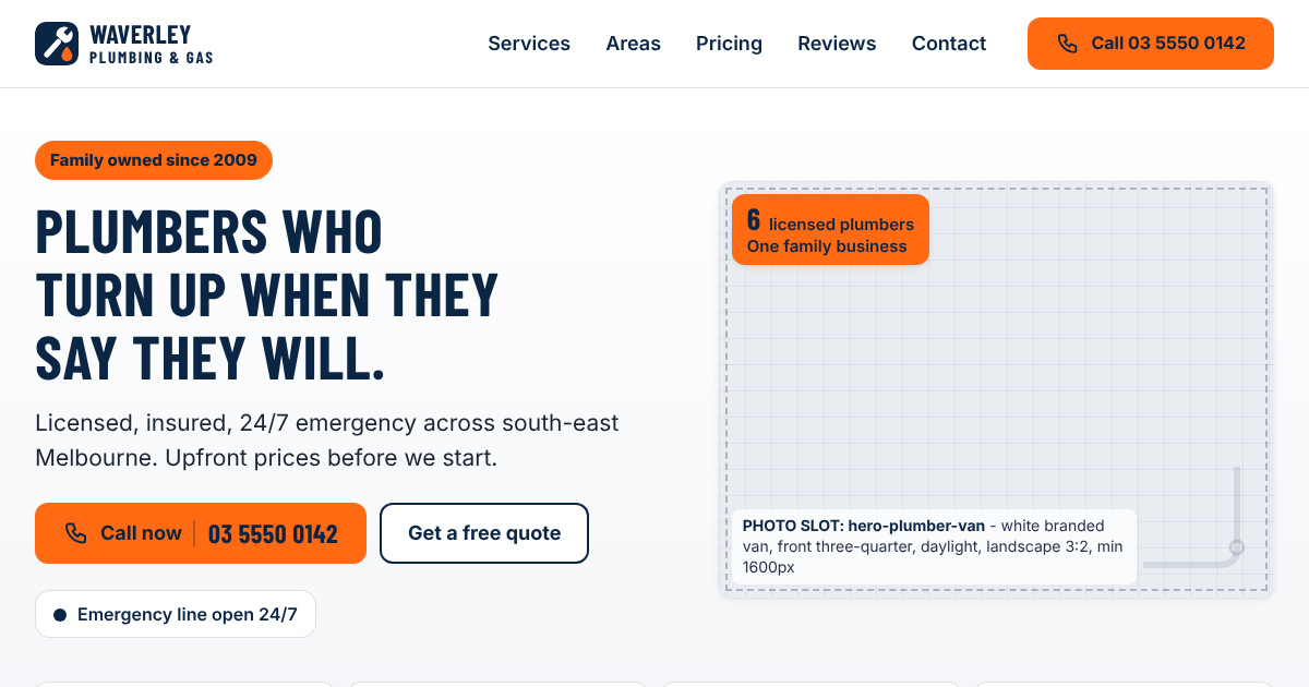 Waverley Plumbing and Gas: a bright, light site with a navy headline and orange call button for a family plumbing business