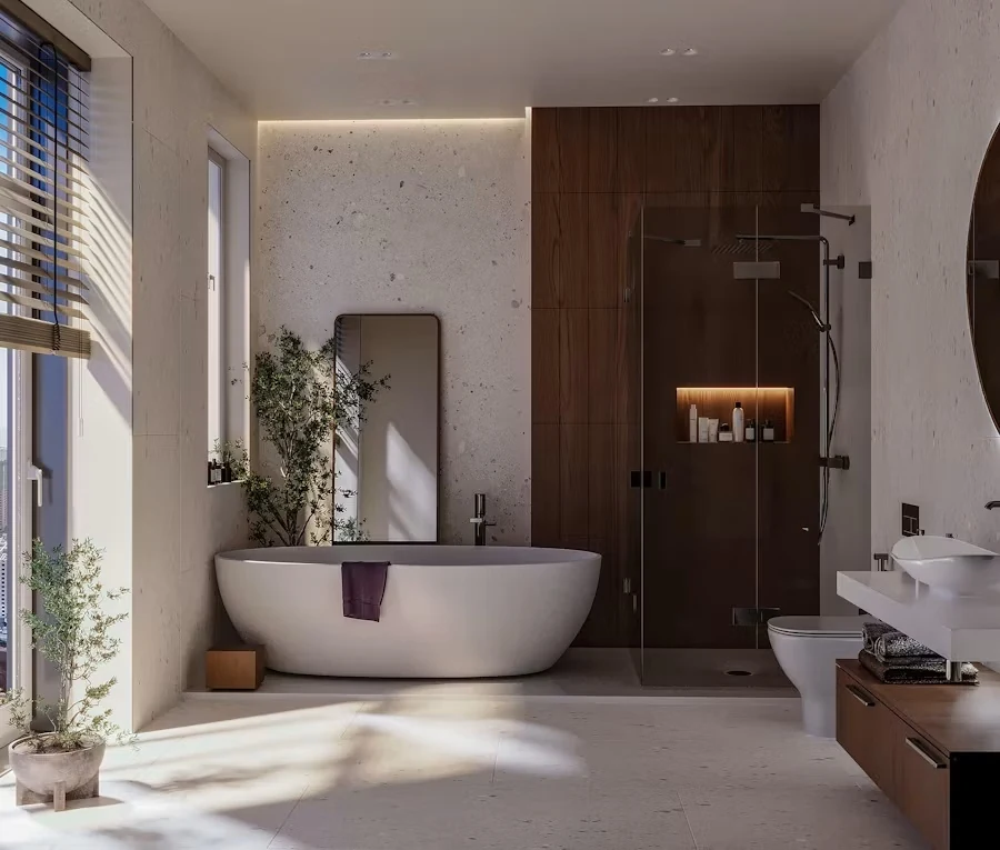 A bright bathroom with a freestanding bath, a timber-panelled shower and large windows