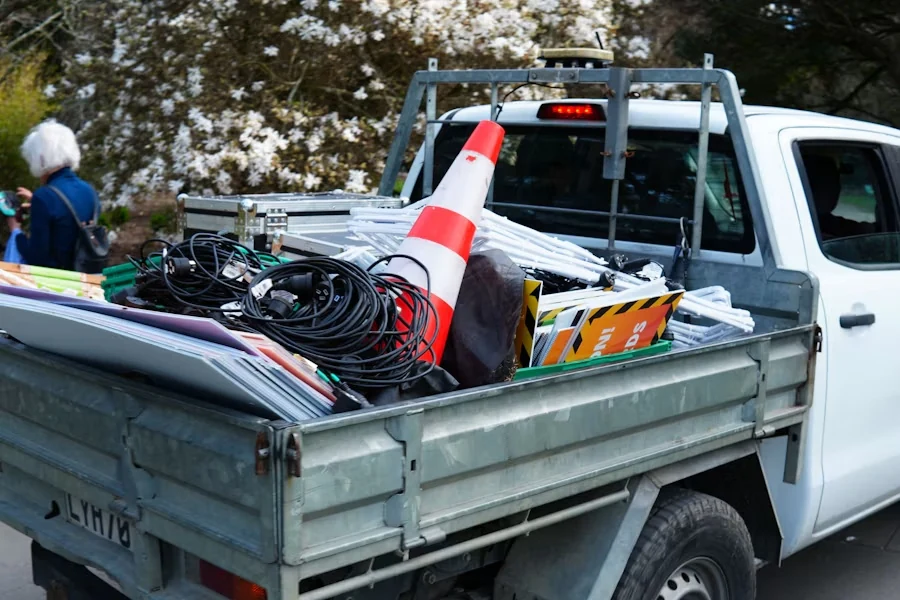 The tray of a white ute loaded with cables, a traffic cone and signs