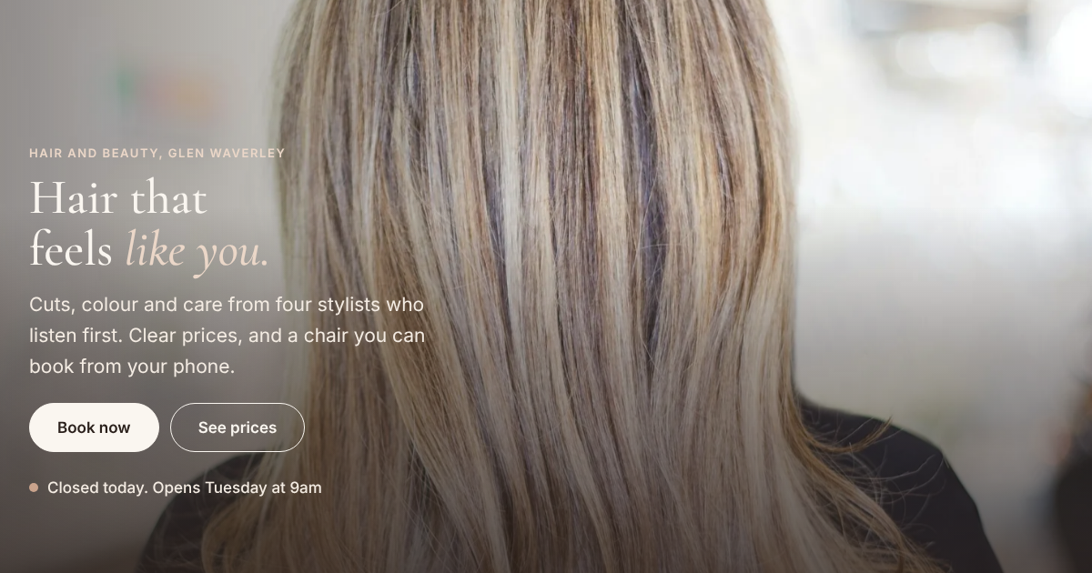 Maison Lune hair and beauty salon: an ivory and cocoa concept site with a serif headline