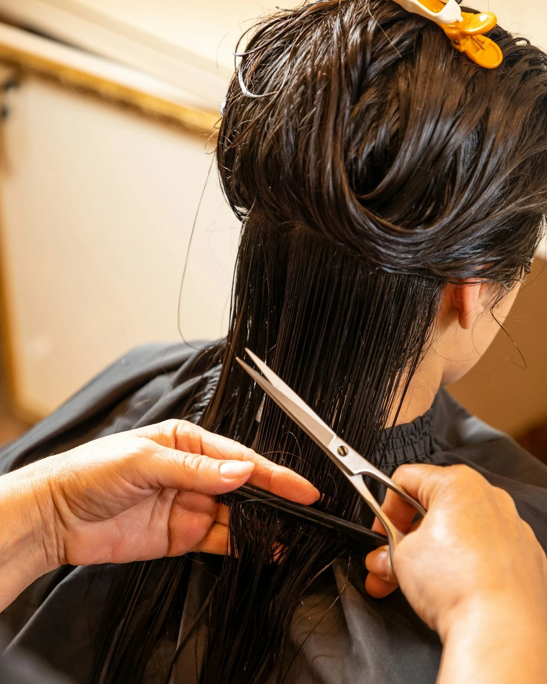 A stylist's hands cutting the ends of long, wet dark hair with scissors